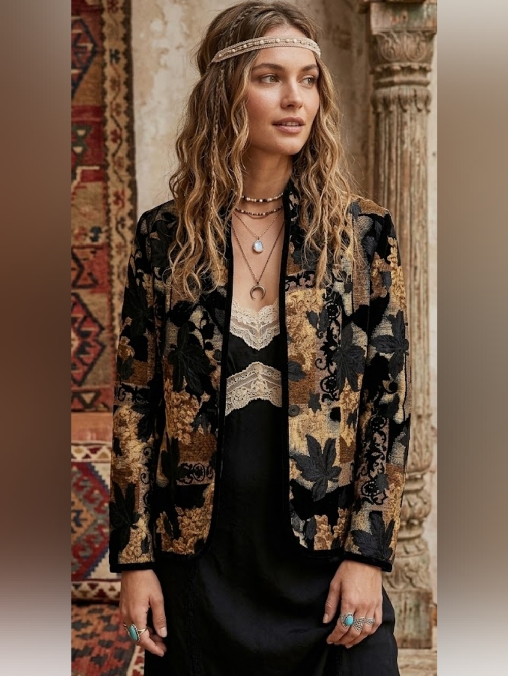 Black & Gold Floral Velvet Jacquard Jacket